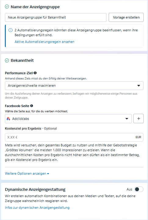Einstellungen für die Anzeigengruppe