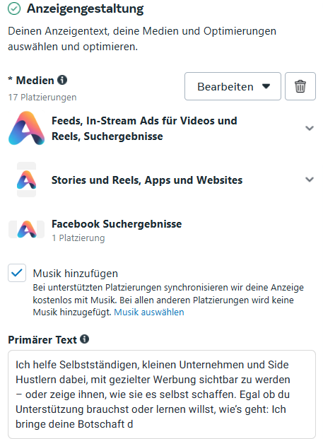 Einstellungen für die Anzeigengruppe