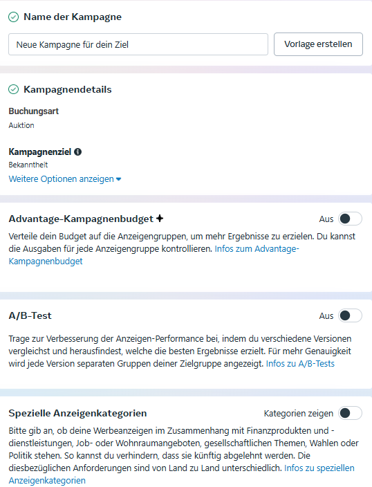 Einstellungen für das Kampagnenlevel